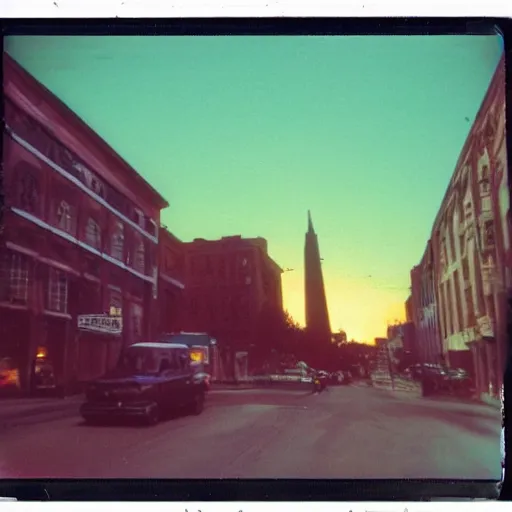 Image similar to low angle wide shot of busy Night Vale street, angels do not exist, sunset, polaroid photo, by Warhol,