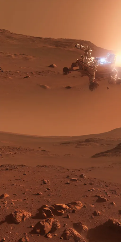 Image similar to concept art, a remote astronaut flying on the surface of mars with a mars rover, musk's mars migration plan, mars spacecraft landing module, backlight, epic, high detail, 8 k, octane rendering, unreal engine.