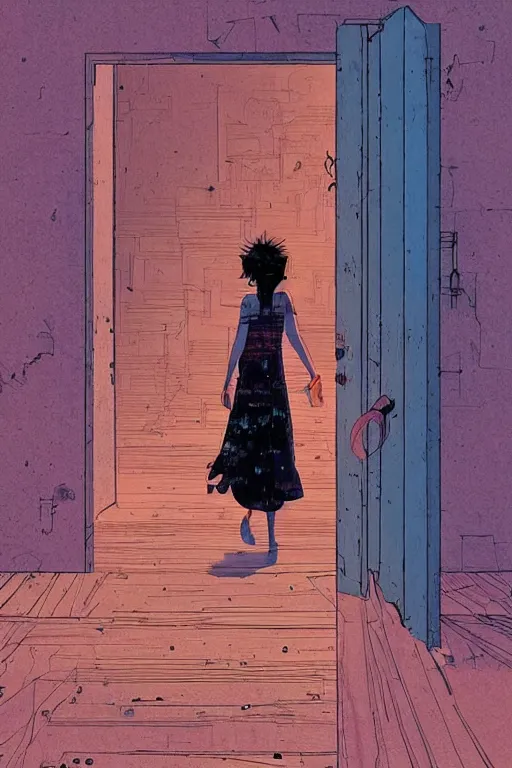 Prompt: a girl walking to a giant wooden door with archaic symbols embedded onto, digital art, very graphic illustration by pascal campion and moebius and victo ngai, colorful comics style