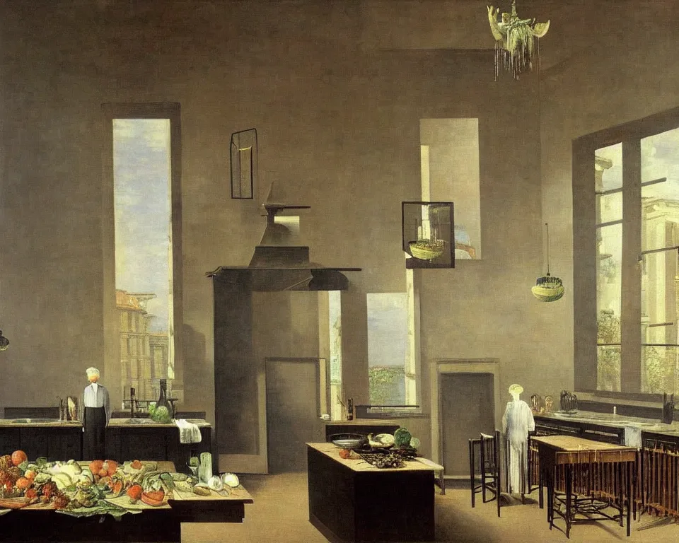 Image similar to achingly beautiful painting of a sophisticated, well - decorated kitchen on warm background by rene magritte, monet, and turner. giovanni battista piranesi.