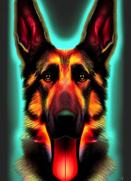 Image similar to symmetry!! product render poster vivid colors divine proportion german shepard hound floppy ears, scifi, glowing fog intricate, elegant, highly detailed, digital painting, artstation, concept art, smooth, sharp focus, illustration