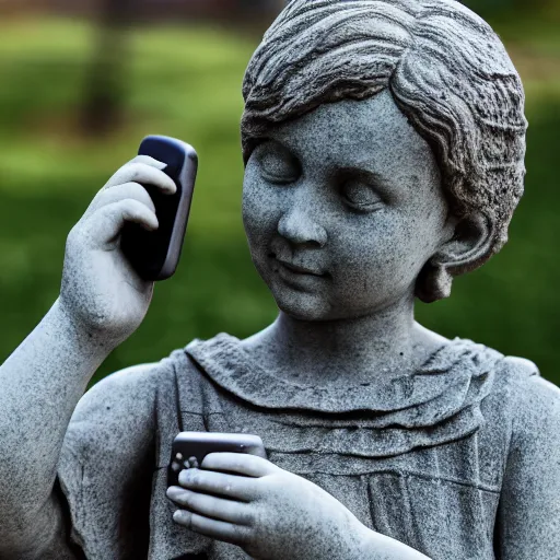 Image similar to a stone statue of a girl playing with a stone phone, 5 0 mm lens, f 1. 4, sharp focus, ethereal, emotionally evoking, head in focus, volumetric lighting, 8 k
