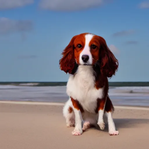 Prompt: kooikerhondje dog profile picture in the beach, photorealistic