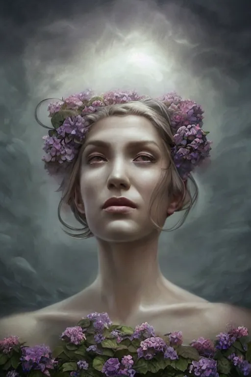Prompt: hydrangea queen goddess dreaming!!!, windy floating hair!!, atmospheric moody, dark surreal, seductive beauty! cinematic volumetric lights, bust portrait, dnd, fantasy, intricate, elegant, highly detailed, digital painting, artstation, concept art, smooth, sharp focus, illustration, art by artgerm and tom bagshaw and greg rutkowski and alphonse mucha