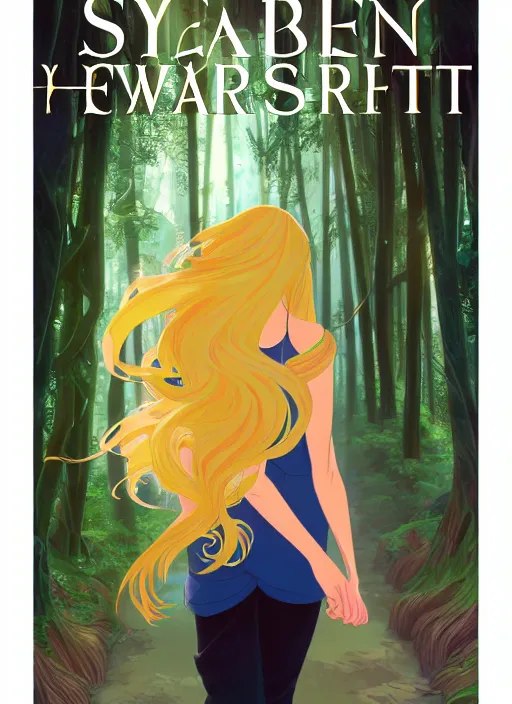 Image similar to book cover design, slender young man with long golden blond hair, shiny and sparkling, from behind, back shot, lost in a magical forest, natural lighting, path traced, highly detailed, high quality, cartoon, digital painting, by don bluth and ross tran and studio ghibli and alphonse mucha