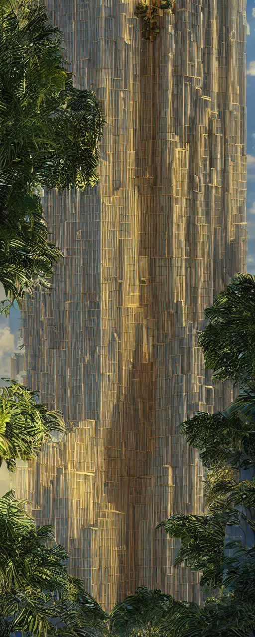 Image similar to solarpunk, eye level view of a contemporary babylon tower, golden intricate details, stone facade, sacred architecture, hanging gardens, cascading highrise, arid mountains with lush palm forest, photorealistic, sunlight, post - production, octane, cgi, sfx