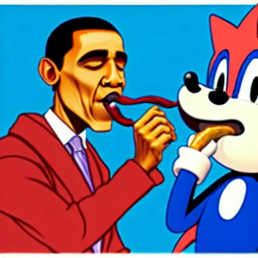 Image similar to a photograph of barack obama sharing a delicious chilli dog with sonic the hedgehog