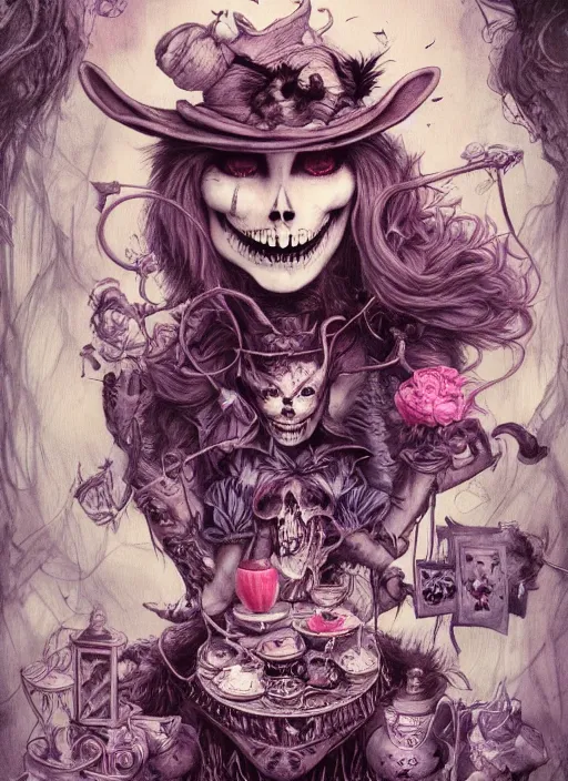 Image similar to Alice attends Mad Tea Party, Cheshire Cat, Mad hatter, death tarot card,highly detailed,half skull face,cinematic,8k,by Stanley Artgermm,Tom Bagshaw,Greg Rutkowski,Carne Griffiths, Ayami Kojima, Beksinski, Giger,trending on DeviantArt,hyper detailed,horror, full of colour