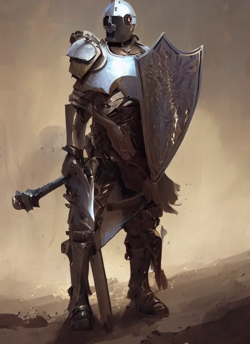 Image similar to portrait of a warforged character holding a paladin engraved longsword and carrying a big shield, epic rough concept art, by Greg Rutkowski