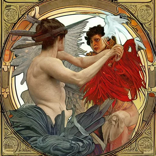 Prompt: angels wrestling with demons, hyper realistic, digital painting. art station. mood lighting, highly detailed, concept art, intricate, sharp focus, by shaun berke and alphonse mucha, milo manara - h 1 2 0 0