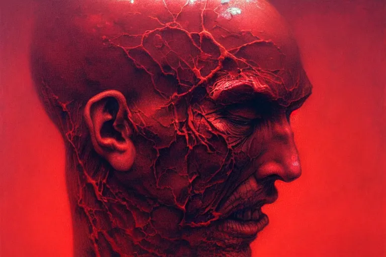 Image similar to head of a man falling apart, in the style of beksinski, intricate and epic composition, red by caravaggio, insanely quality, highly detailed, masterpiece, purple light, artstation, 4 k