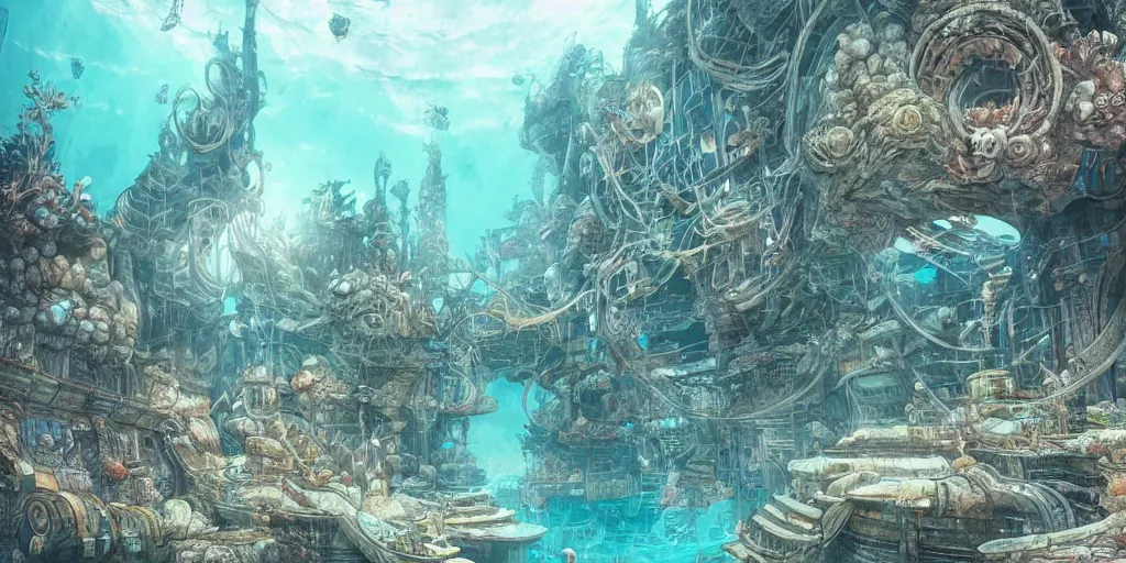 Prompt: masterpiece artwork of a underwater city inside of aquarium, hyper detailed, art, trending in artstation, behance, deviantart, art style by kim jung gi and greg rutkowski