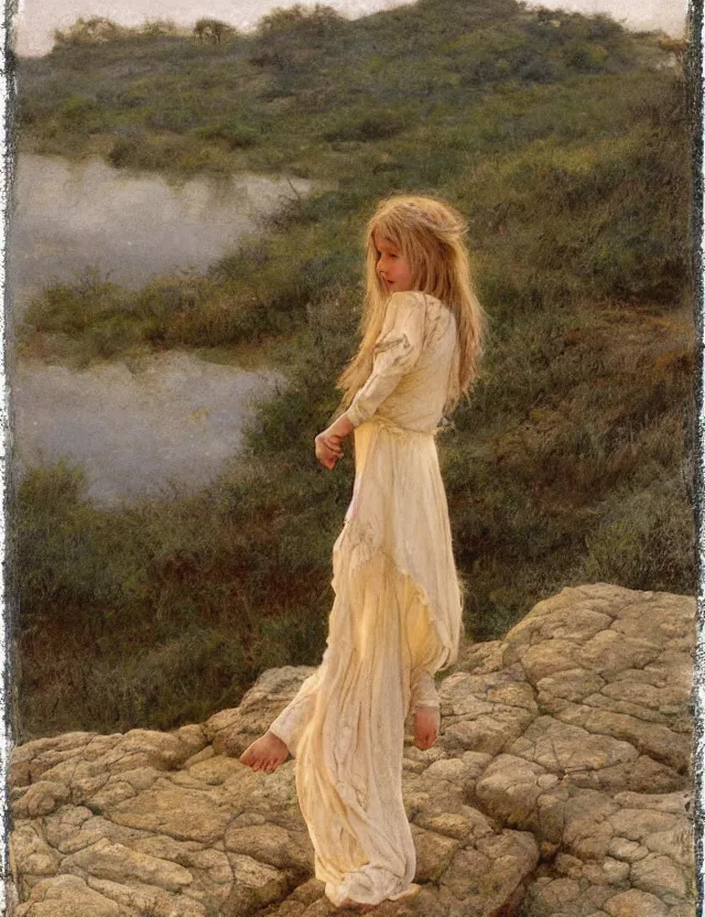 Image similar to peasant barefoot girl with blowing hair standing on the edge of rock, cottage core, cinematic focus, polaroid photo bleached vintage pastel colors high - key lighting, soft lights, foggy, by steve hanks, by lisa yuskavage, by serov valentin, by tarkovsky, 8 k render, detailed, oil on canvas