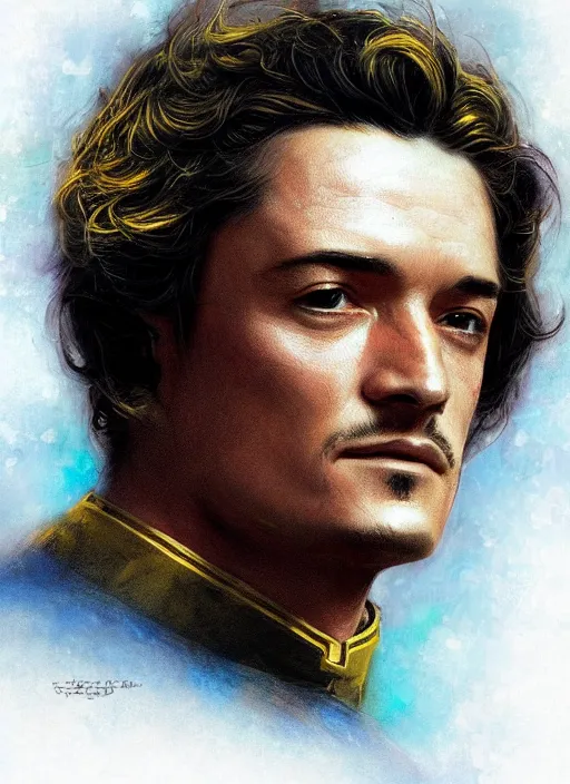 Prompt: orlando bloom as data from star trek tng, digital art by eugene de blaas and ross tran, vibrant color scheme, highly detailed, in the style of romanticism, cinematic, artstation, greg rutkowski