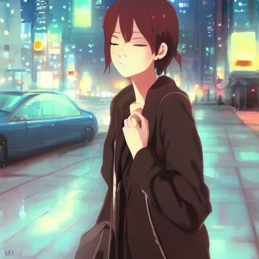 Image similar to a girl smoking, beautiful face, street at night, long hairfine art painting by makoto shinkai, featured on pixiv, hd