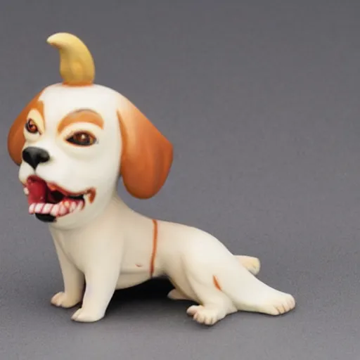 Image similar to a figurine of a dog biting its own tail in the style garbage pale kids figurines