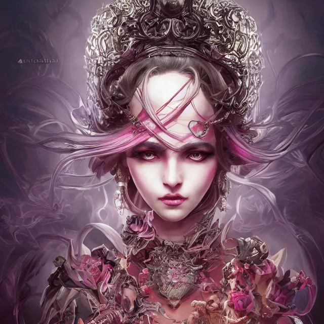 Image similar to the portrait of chaotic evil sensual female necromancer overlord as absurdly beautiful, gorgeous, elegant, sadistic young girl, an ultrafine hyperdetailed illustration by kim jung gi, irakli nadar, intricate linework, bright colors, octopath traveler, final fantasy, unreal engine 5 highly rendered, global illumination, radiant light, detailed and intricate environment