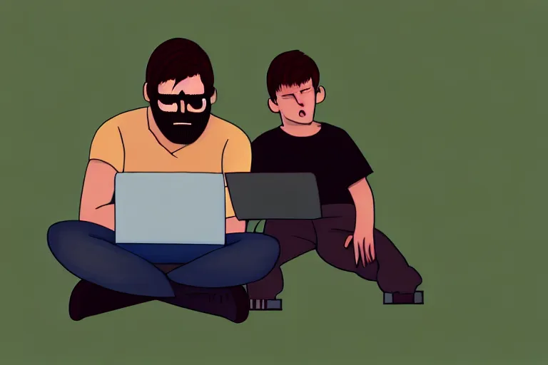 Image similar to hangover man sitting with laptop and sad crying kid staying near the man. high detail, trending on artstation