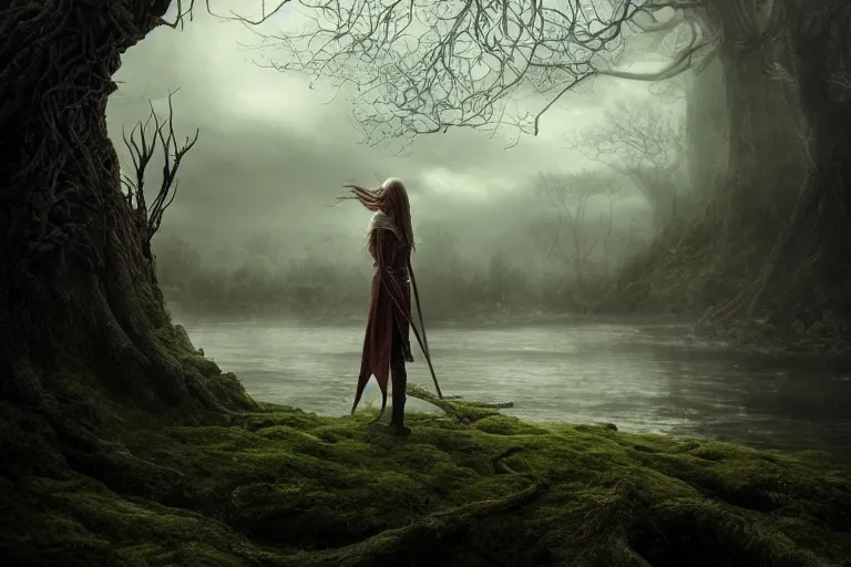 Prompt: an ultra realistic, cinematic, fantasy portrait, of an elden ring elf, branches, facial features, background of a vast serene landscape, with trees and rivers, detailed, deep focus, movie still, dramatic lighting, ray tracing, by michal karcz and yoshitaka amano