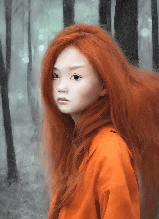 Prompt: portrait painting by tatsuki fujimoto, girl with fox ears, long wavy orange hair, light brown trenchcoat, forest background, focus on face, pretty, moody lighting, painterly