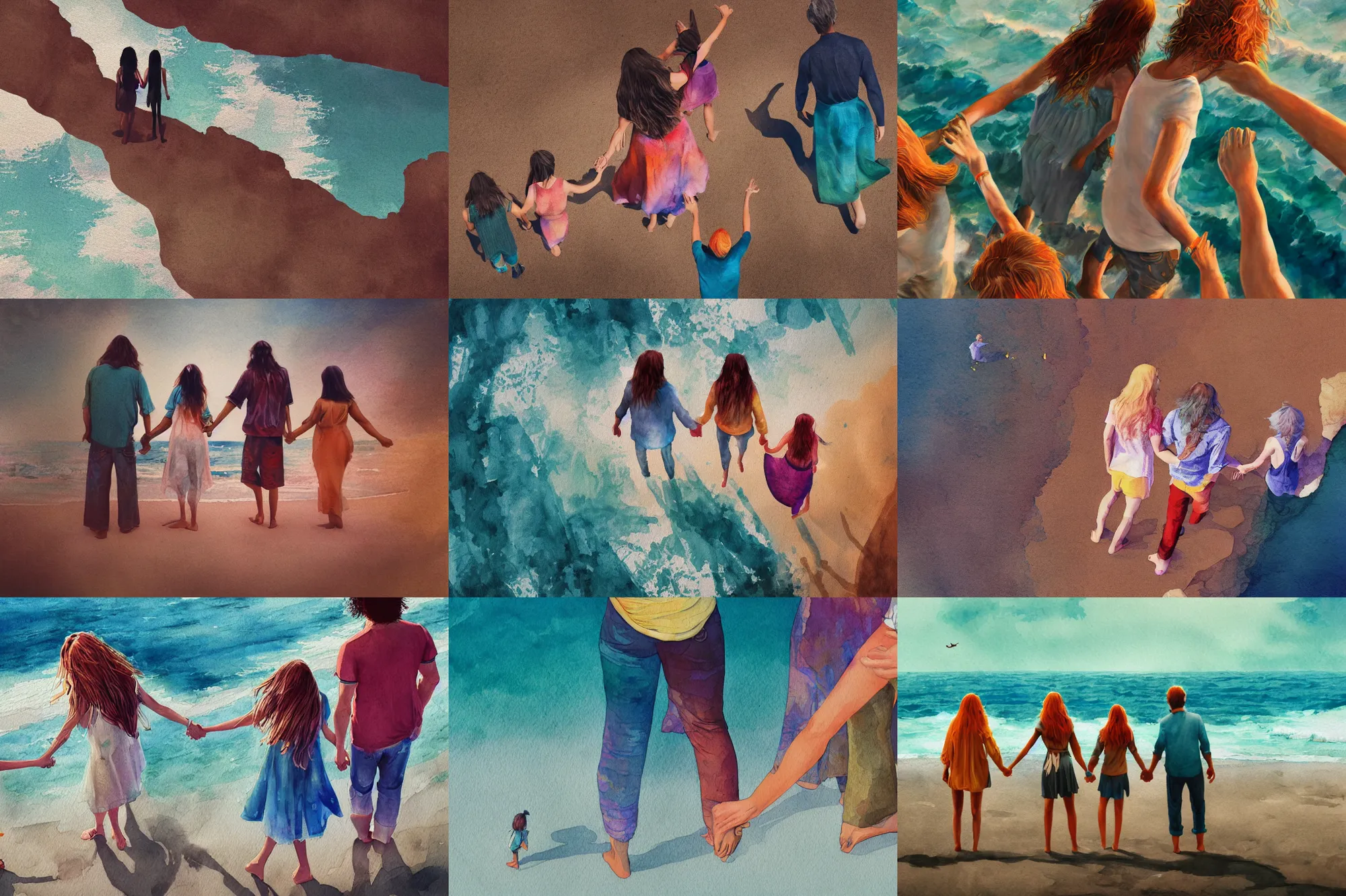 Image similar to hippie style family of woman, men, girl is taller, boy is shorter looking at the ocean holding hands, far - view, art, cinematic composition, octane render, high detail, 8 k, artstation trending, watercolor, artwork by tooth wu, colorful contrast, very coherent, thick lineart