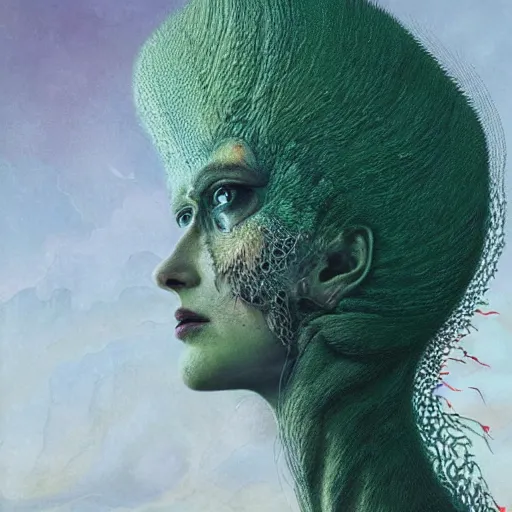Image similar to cosmic horror eldritch lovecraftian close up portrait of eva green as the emerald queen of feathers by wayne barlowe, agostino arrivabene, denis forkas