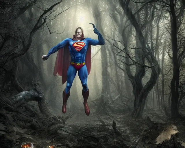 Image similar to 5 5 mm portrait photo of a undead rotting superman in a magical forest. magical atmosphere. art by greg rutkowski and luis royo. highly detailed 8 k. intricate. lifelike. soft light. nikon d 8 5 0.