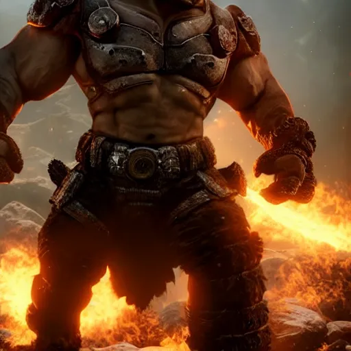 Image similar to ''hulk hogan'in skyrim, ( gears of war ), splash art, movie still, detailed face, maga, patriot, cinematic lighting, dramatic, octane render, long lens, shallow depth of field, bokeh, anamorphic lens flare, 8 k, hyper detailed, 3 5 mm film grain