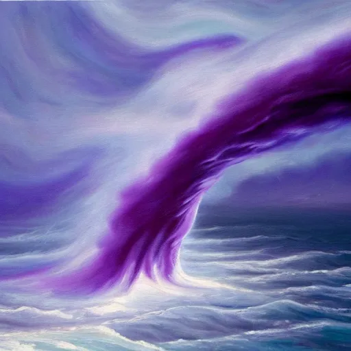 Prompt: a detailed oil painting of a purple tornado descending from the clouds in the ocean. the color of the tornado is purple, and its really realistic
