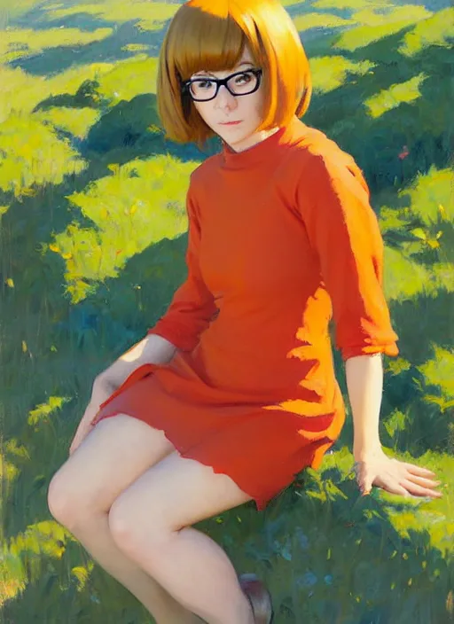 Prompt: Greg Manchess painting of Velma Dinkley, anime style, countryside, calm, fantasy character portrait, dynamic pose, above view, sunny day, artwork by Jeremy Lipkin and Giuseppe Dangelico Pino and Michael Garmash and Rob Rey and Makoto Shinkai, very coherent asymmetrical artwork, sharp edges, perfect face, simple form, 100mm