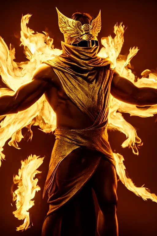 Image similar to A man wearing golden mask, hair like fire, muscular, in dark soul