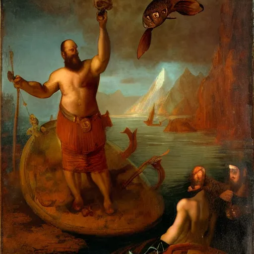 Image similar to copper by albert bierstadt, by frans francken the younger depressing. a photograph of a mythological scene. large, bearded man seated on a throne, surrounded by sea creatures. he has a trident in one hand & a shield in the other. behind him is a large fish. in front of him are two smaller creatures.