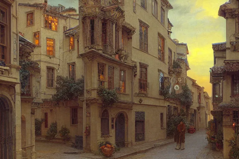 Prompt: winding street at twilight in a very old very beautiful city by George Price Boyce and Donato Giancola and William Dyce, glowing paper lanterns, strong dramatic cinematic lighting , ornate tiled architecture, lost civilizations, smooth, sharp focus, extremely detailed