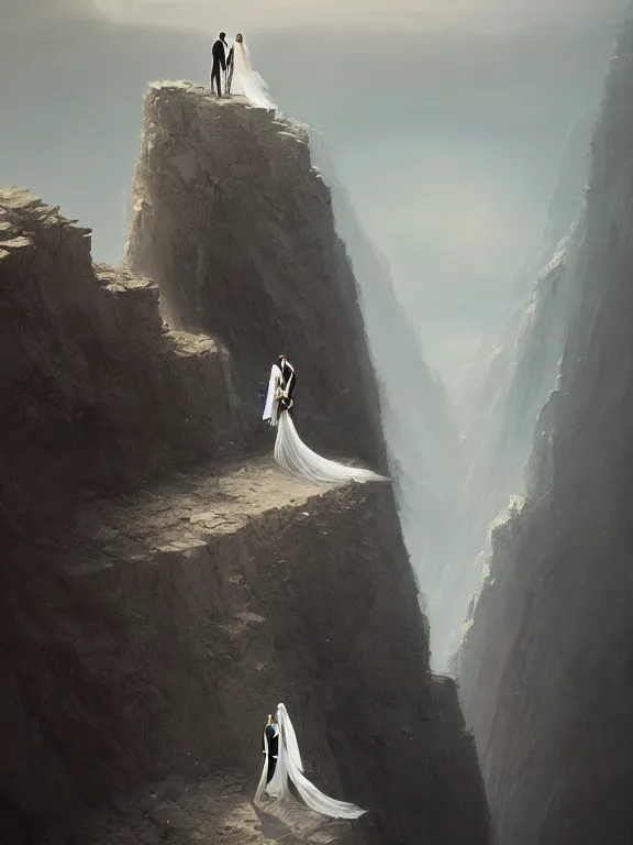 Image similar to bride and groom, high symmetry, intimacy, realism, intricate abstract, elegant, looking down a cliff, long perspective, neutral colors, dark lighting, by artstation, by greg rutkowski