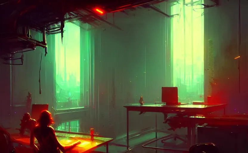 Prompt: office, horror sccene, by Greg Rutkowski and Gaston Bussiere, vibrant lush neon lighting, beautiful volumetric-lighting-style atmosphere, futuristic atmosphere, intricate, detailed, photorealistic imagery, artstation