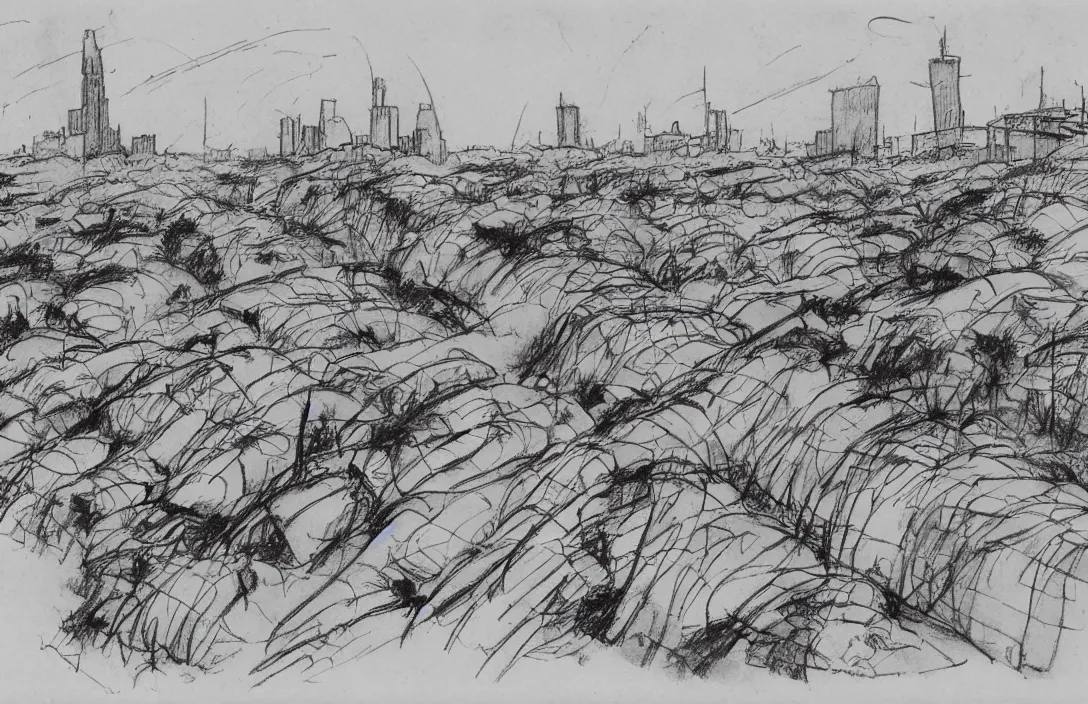 Image similar to milt kahl sketch of world war 1 trenches with the city of miami in the background