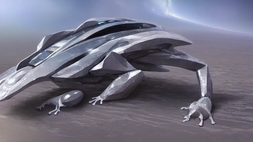 Prompt: a beautiful digital artwork of a futuristic diamond frog spaceship in a galaxy of sand, trending on artstation, realistic