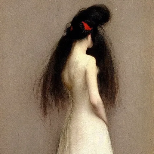 Prompt: asian girl with long hair, back view, wedding dress, by ramon casas