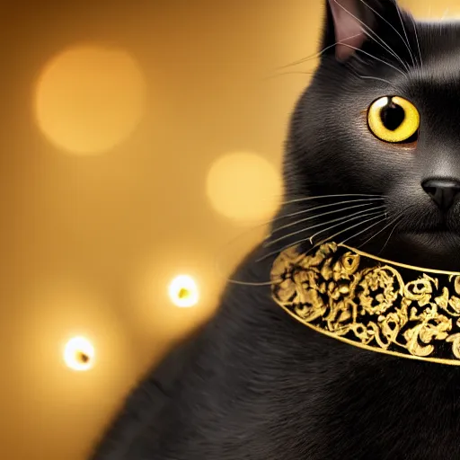 Prompt: a full-body shot of a black void cat with golden glowing eyes, fairytale, beautiful, intricate, elegant, ornate, super detailed, Octane render, reflections