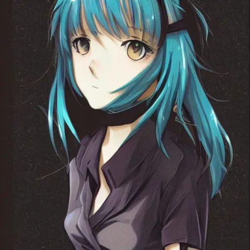 Image similar to anime moe personification of existentialism, absurdism, brooding anime girl philosopher