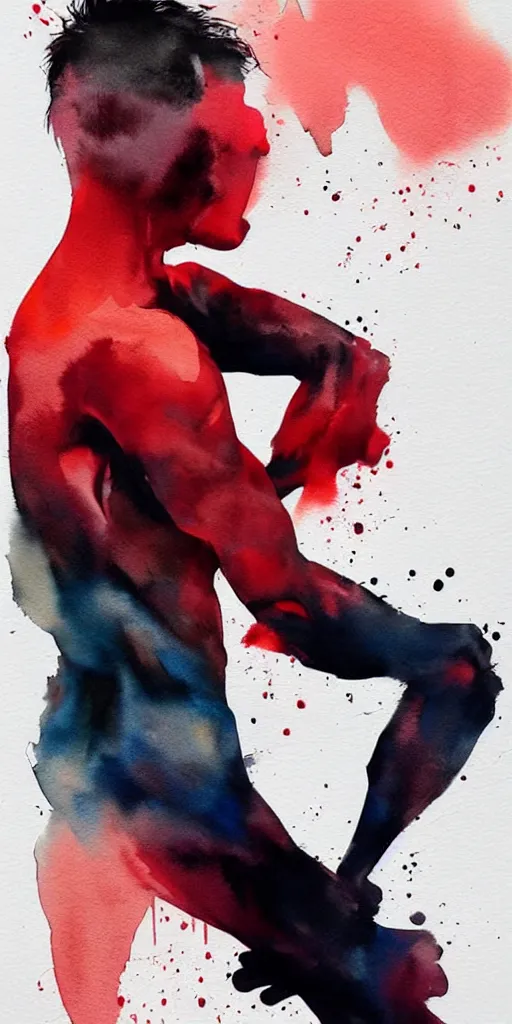 Prompt: body of one!!! athletic man posing dramatically with no face, dark background, by conrad roset, watercolor trending on artstation