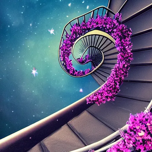 Image similar to a spiral stairway of flowing ethereal water from sky, stairway beautified with flowers, realistic, dusk, starry sky, hd, fantasy, 4 k