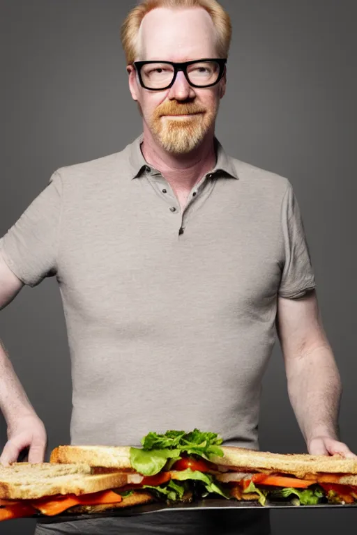 Prompt: 📷 portrait of adam savage with a sandwich for a head, still image, high resolution, 4 k