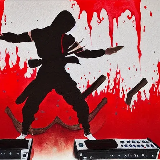 Image similar to beautiful painting of a ninja warrior playing a synthesizer in a music studio with red liquid coming out of the studio monitor speakers