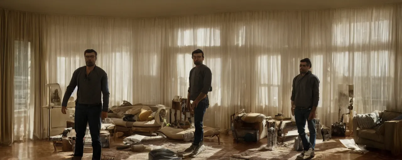 Prompt: 3 / 4 midshot of oscar isaac in a interior of a 1 9 9 0 s house living room directed by bradford young, rembrandt lighting, imax 5 0 mm anamorphic lens,