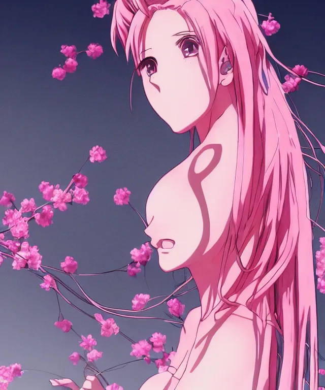 Prompt: detailed portrait of an anime girl with pink hair pink flames, perfectly shaded, delicate features, cherry blossoms, neo tokyo, perfectly symmetrical