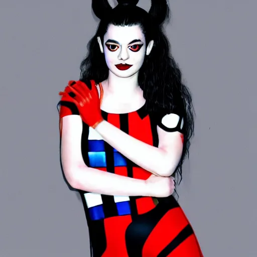 Image similar to lorde as harley quinn, dressed up in piet mondrian inspired bodysuit, official portrait, photo realistic, 4 k