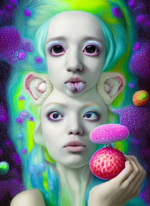 Image similar to hyper detailed 3d render like a Oil painting - kawaii portrait Aurora (white haired Singer Ferret) seen Eating of the Strangling network of yellowcake aerochrome and milky Fruit and Her delicate Hands hold of gossamer polyp blossoms bring iridescent fungal flowers whose spores black the foolish stars by Jacek Yerka, Mariusz Lewandowski, Houdini algorithmic generative render, Abstract brush strokes, Masterpiece, Edward Hopper and James Gilleard, Zdzislaw Beksinski, Mark Ryden, Wolfgang Lettl, hints of Yayoi Kasuma, octane render, 8k