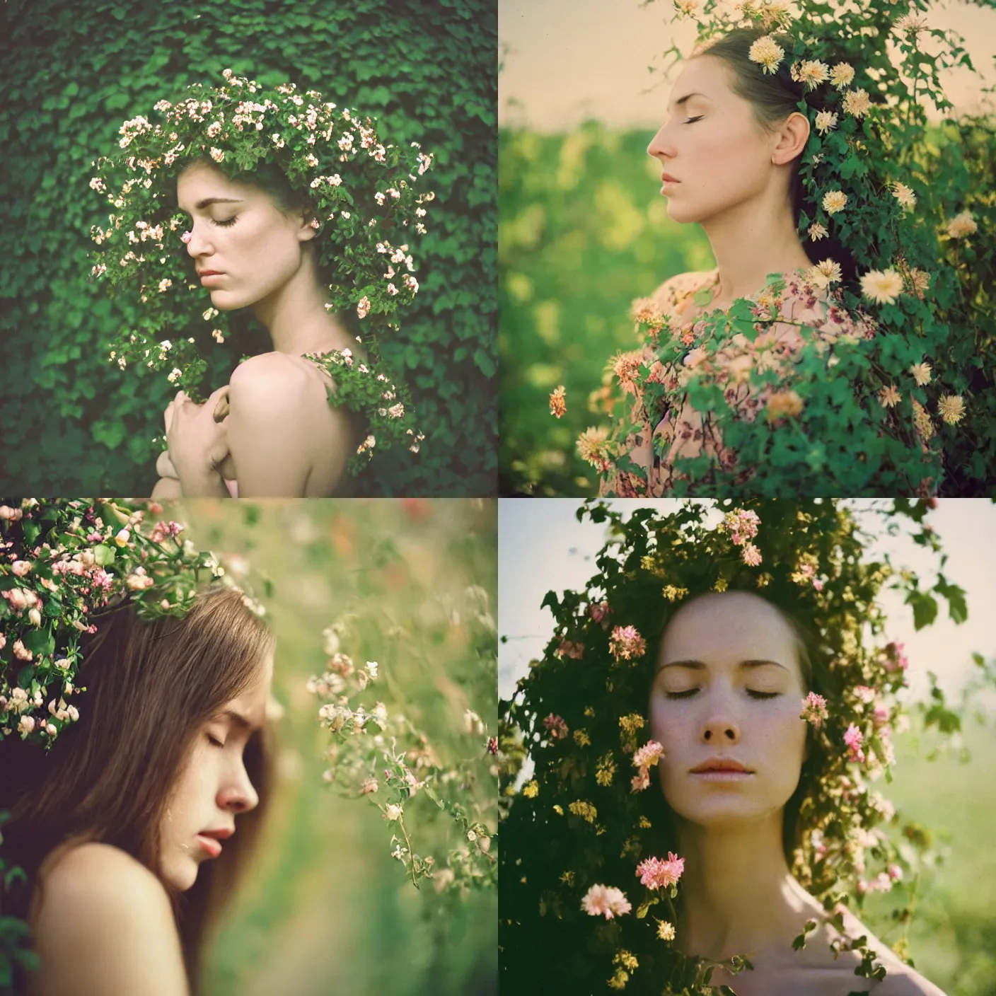 Prompt: An analog head and shoulder face photography of a woman surrounded by flowers, vines and roots by Maxim Nikolaev. closed eyes. Kodak Portra 800 film. Depth of field. whirl bokeh. Sunshine. detailed. hq. realistic. warm light. muted colors. Moody. Filmic. Dreamy. lens flare. Leica M9, f/1.2, symmetrical balance, in-frame