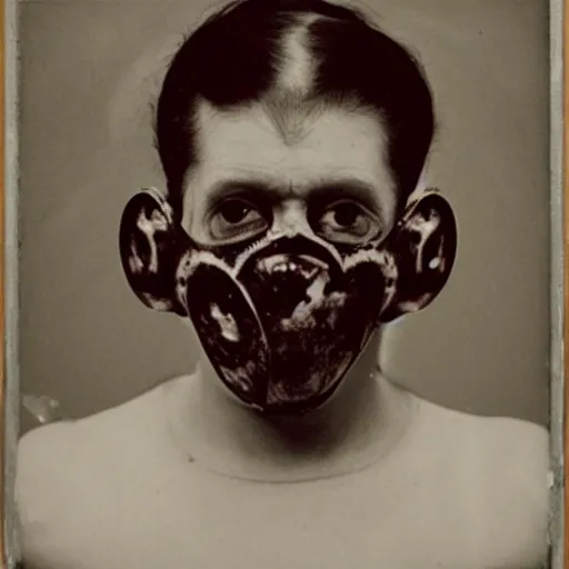 Image similar to photo of ugly brutal animal face mask muscular cultist by Diane Arbus and Louis Daguerre